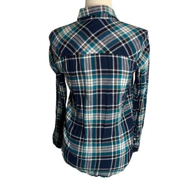 Aeropostale Lightweight Button Up Flannel Shirt S Blue Green Plaid Pockets - Picture 4 of 6